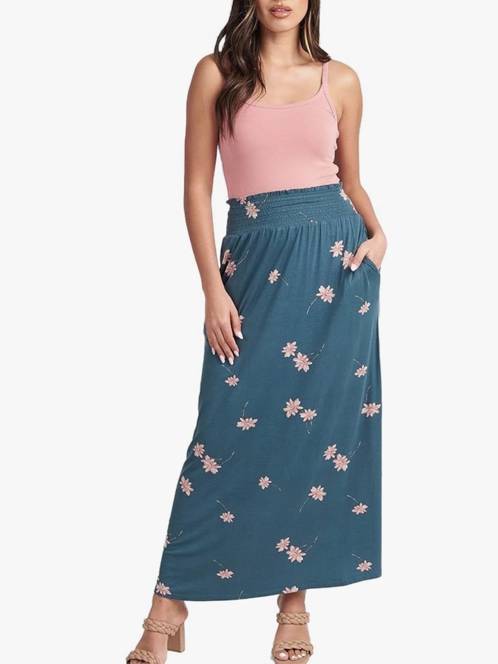 DR2 Daniel Rainn Green Pink Floral Smocked Boho Midi Maxi Skirt